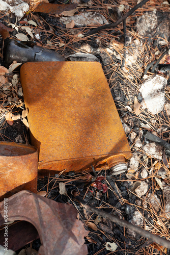 Burnt iron objects after a fire