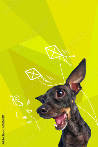 Contemporary artwork. Vector illustration. Dog with its mouth open looking at kite while have fun at nature. Vibrant color scheme. Concept of pets, holidays, positive emotions, rest, summer vacation.
