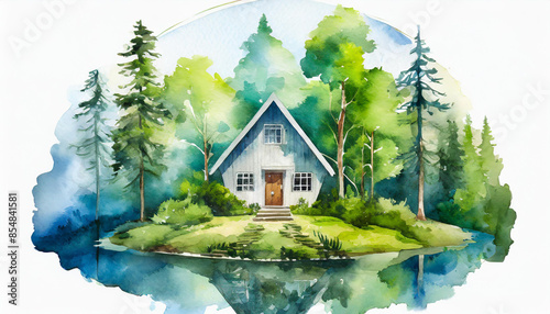 Watercolor summer woods landscape and cabin near lake. Log cabin or cottage in spring forest