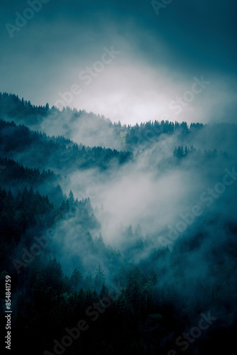 the mist appears in the mountain in the morning