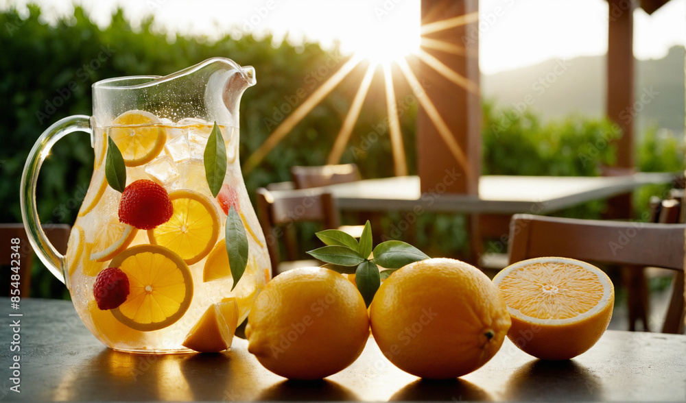 Decanter with refreshing lemonade with ice on a table in a summer cafe. Decanter with refreshing lemonade with ice on a table in a summer cafe.
