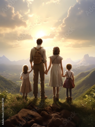 Create an emotionally resonant 3D CG depiction of a rear view family portrait Show a family of four standing in a picturesque landscape