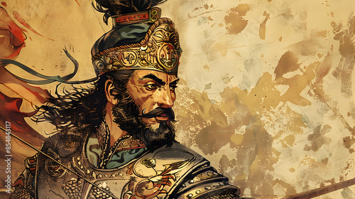A Persian warrior with a majestic mustache and elaborate armor, illustration.


