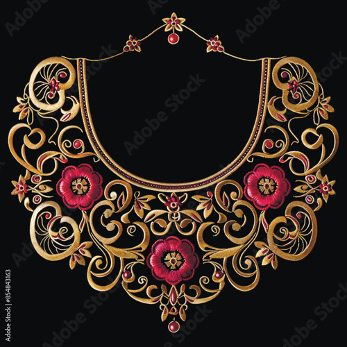 Gold 3d chinese style floral embroidery neckline pattern. Vector embroidered neck ornaments. Golden decorative textured neck border with red flowers. Black background. Grunge surface texture photo