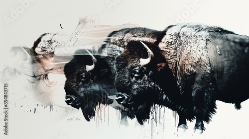 Duotone illustration of Bison And Buffalo