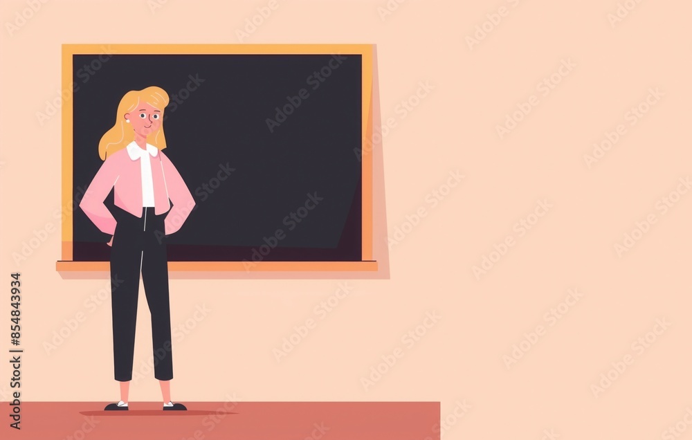 Woman teacher stand near blackboards in classroom. Education, back to school, happy teachers day Woman teacher stand near blackboards in classroom. Education, back to school, happy teachers day