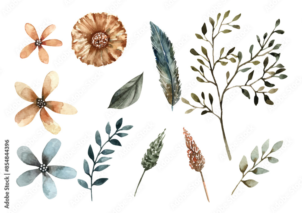 Obraz premium pieces of tropical flowers and leaves watercolor painting