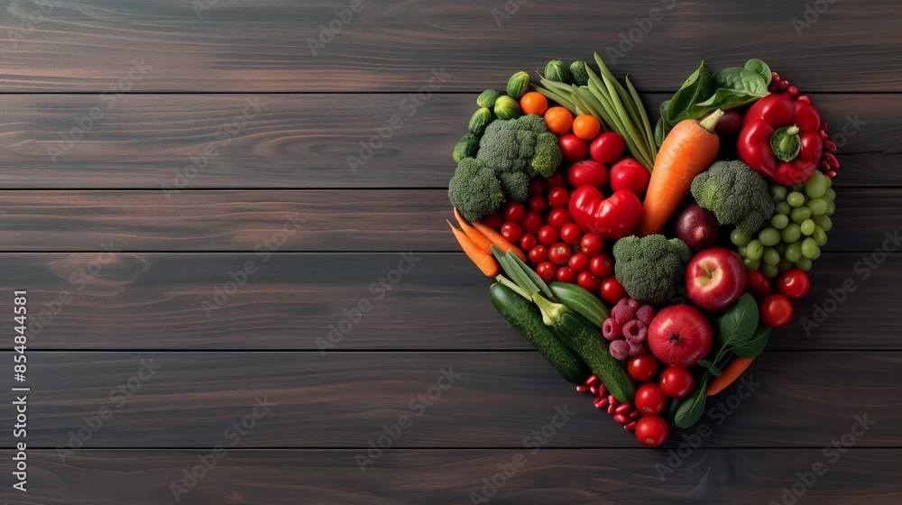 A heart-shaped arrangement of fresh fruits and vegetables on a brown wooden background A heart-shaped arrangement of fresh fruits and vegetables on a brown wooden background