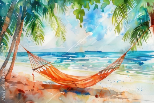 A person relaxing on a colorful hammock on a sunny beach photo