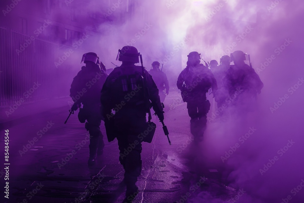 Group of soldiers walking down a city street, uniformed and equipped with military gear Group of soldiers walking down a city street, uniformed and equipped with military gear