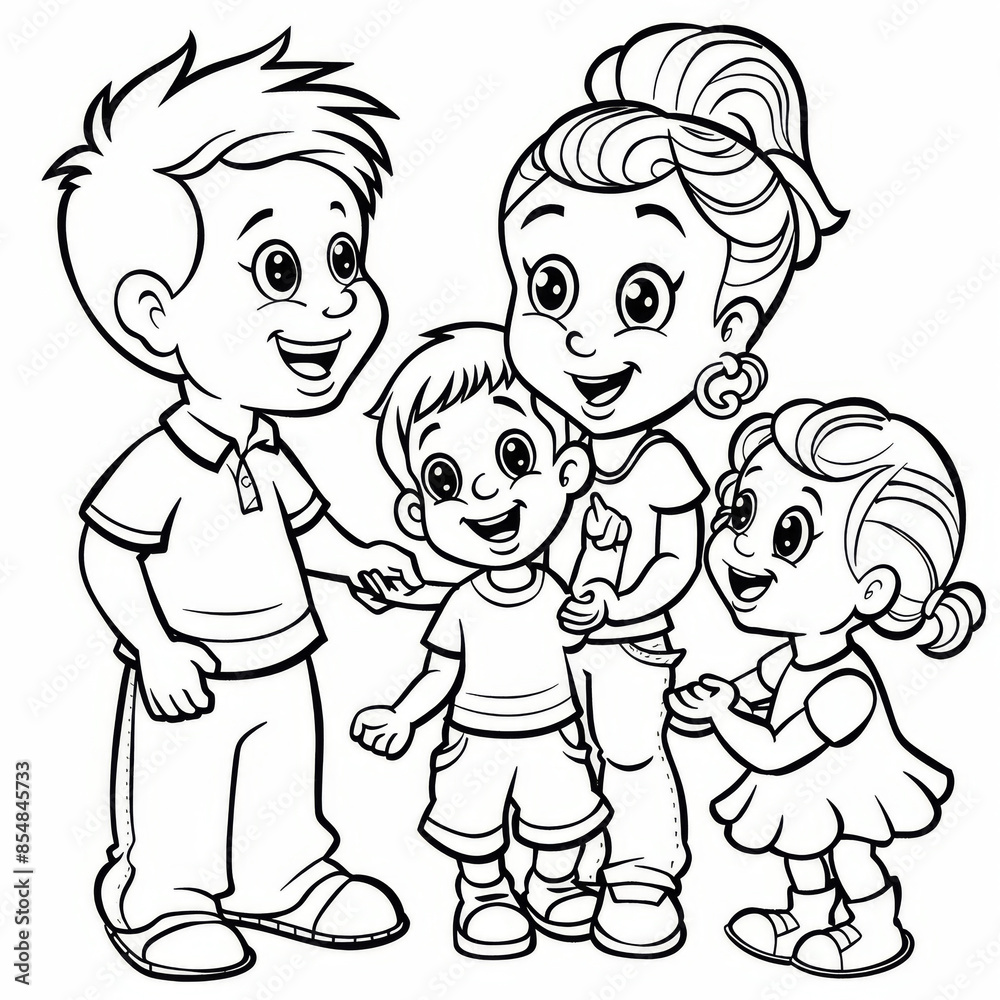 Black and white cartoon illustration of a happy family group with two children and their parents, smiling and interacting. Black and white cartoon illustration of a happy family group with two children and their parents, smiling and interacting.