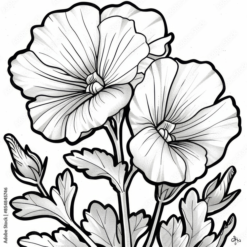 Fototapeta premium Black and white line art drawing of hibiscus flowers, showcasing their delicate petals and leaves in a detailed style.