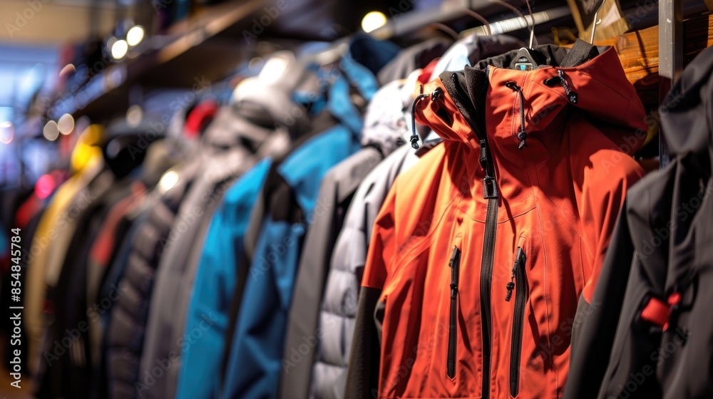 Clothing display with coats and jackets on a store rack, potential use for fashion or interior design Clothing display with coats and jackets on a store rack, potential use for fashion or interior design