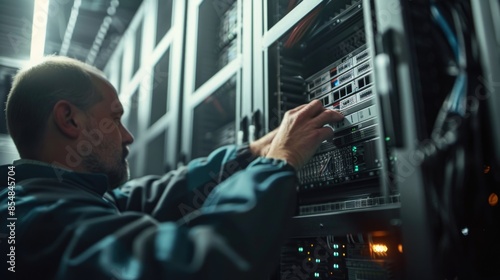 A man works on a server in a controlled environment