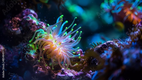 A vibrant sea anemone with glowing tentacles sways underwater, showcasing the colorful beauty of marine life on a coral reef. 