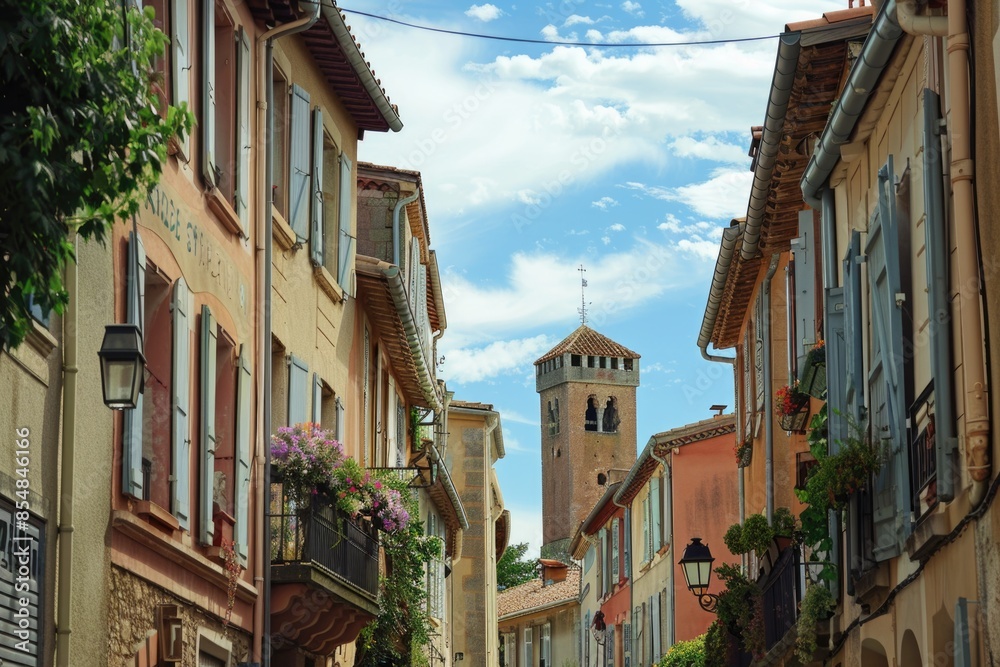 Naklejka premium A quiet street scene with a historic clock tower in the background