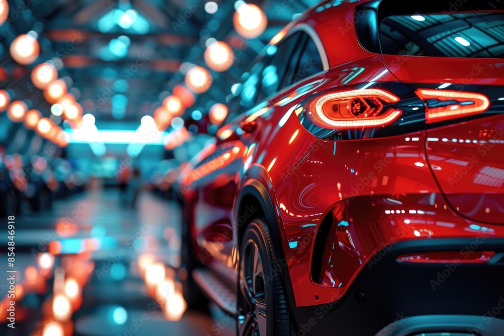 A close-up view of a red car in a showroom, great for automotive or marketing use A close-up view of a red car in a showroom, great for automotive or marketing use