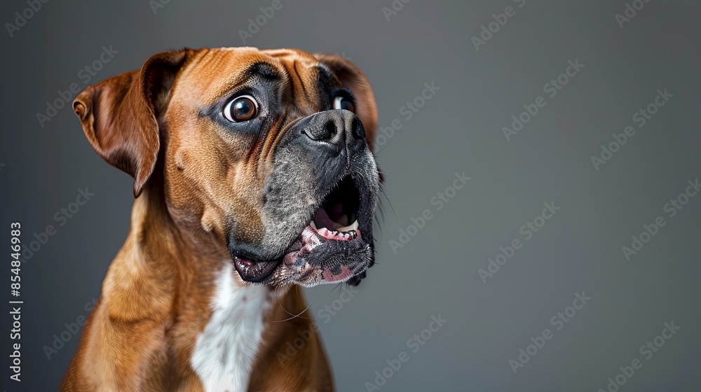 A surprised Boxer dog with wide eyes and an open mouth, looking to the left with an astonished expression.