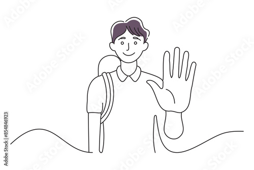 STOP! A high school boy who sticks his hand out in front of him, doodle continuous line art vector illustration