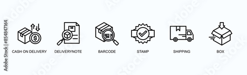 Order Fulfillment Banner Web Icon Vector Illustration Concept With Cash On Delivery, Deliverynote, Barcode, Stamp, Shipping, Unboxing