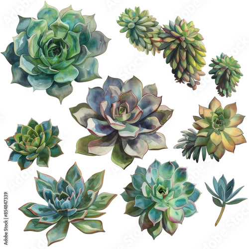 Succulent Varieties Watercolor Set Isolated on Transparent Background, Ideal for Garden and Home Decor