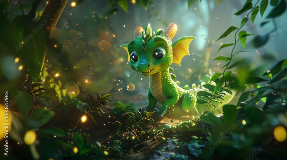 Naklejka premium Adorable Baby Dragon in a Mystical Forest, Generative AI