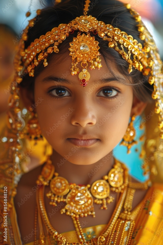 Fototapeta premium A young girl wearing a gold headpiece, possibly for a costume or ceremonial occasion