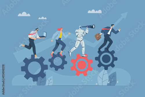 Working together with artificial intelligence, Discovering new opportunities with the support of AI, Driving the concept of efficient work processes, Business teams and robots drive gears together.