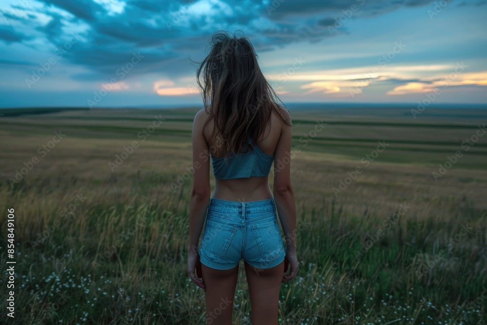 A woman stands alone in a green field with yellow flowers and blue sky A woman stands alone in a green field with yellow flowers and blue sky