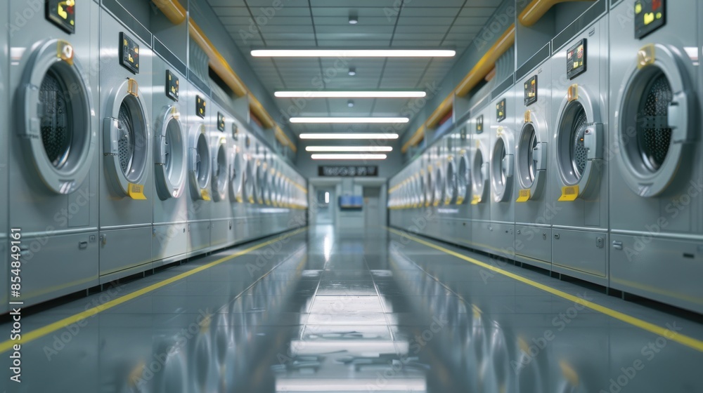 Naklejka premium A line of washing machines and dryers in a public laundry facility, suitable for use as background or context image