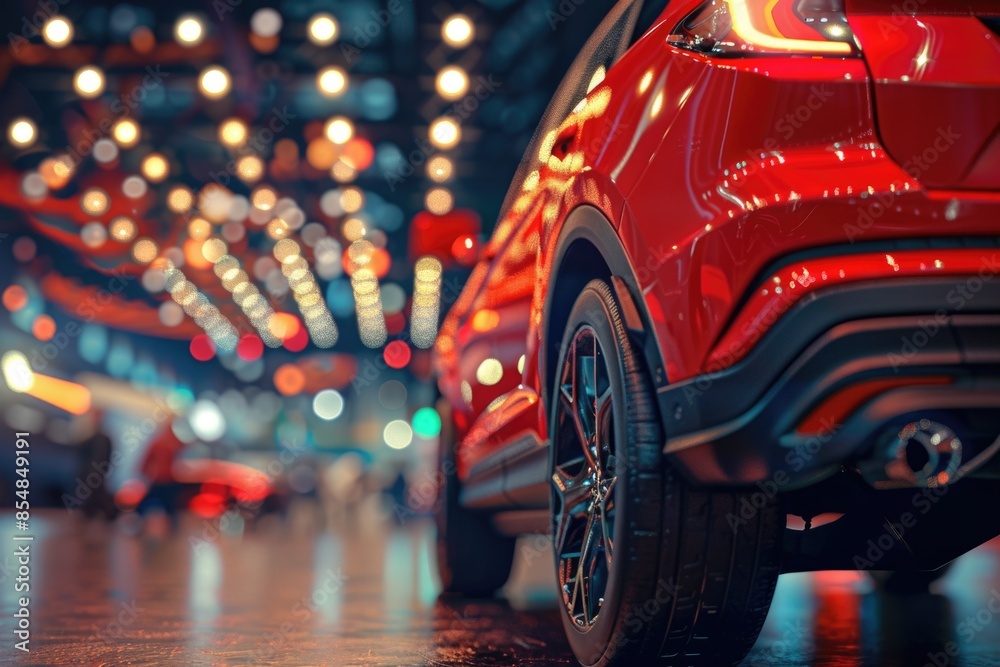 A close-up view of a red car parked on a busy city street, with people walking by A close-up view of a red car parked on a busy city street, with people walking by
