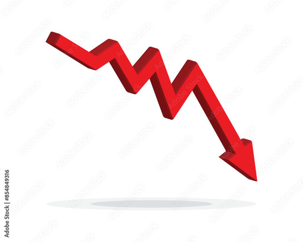 Red 3d arrow going down stock icon on white background. Bankruptcy, financial market crash icon for your web site design, logo, app, UI. graph chart downtrend symbol.chart going down sign. Red 3d arrow going down stock icon on white background. Bankruptcy, financial market crash icon for your web site design, logo, app, UI. graph chart downtrend symbol.chart going down sign.