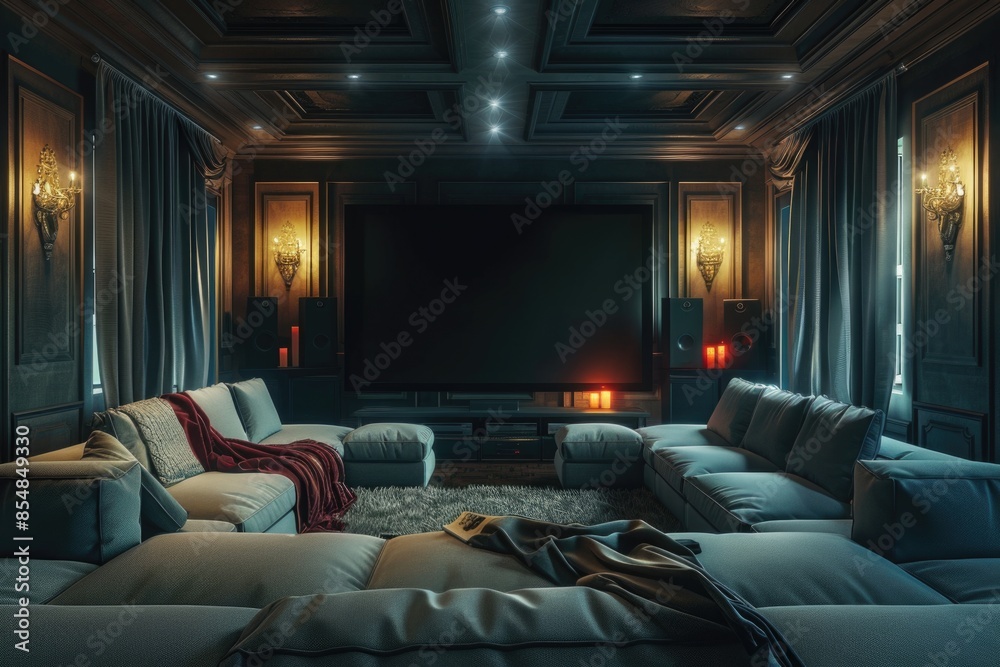 A comfortable living room with modern furniture and a large flat-screen TV A comfortable living room with modern furniture and a large flat-screen TV