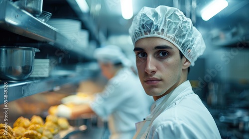 Young Chef in a Busy Restaurant Kitchen, Looking Over His Shoulder, Wearing a White Hat and Apron, Ready to Serve Delicious Food