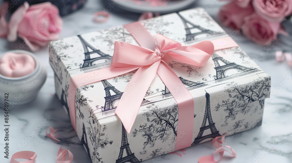 A chic Parisian-themed gift box with Eiffel Tower print wrapping paper and a pink satin ribbon A chic Parisian-themed gift box with Eiffel Tower print wrapping paper and a pink satin ribbon