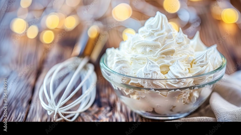 Shiny metal whisk whipping cream in glass bowl under soft light against simple background