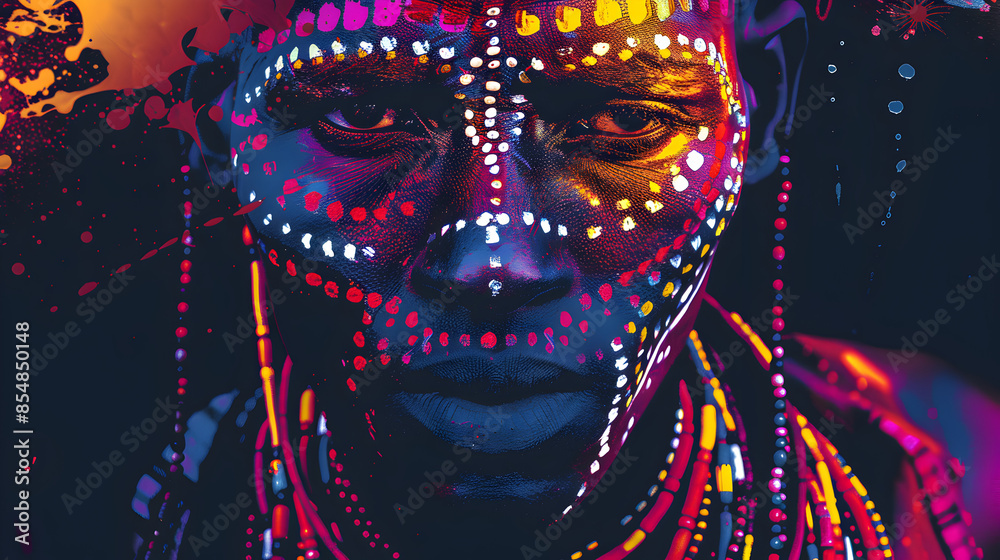 Naklejka premium A Maasai warrior painted in bright colors, adorned with beads, illustration.