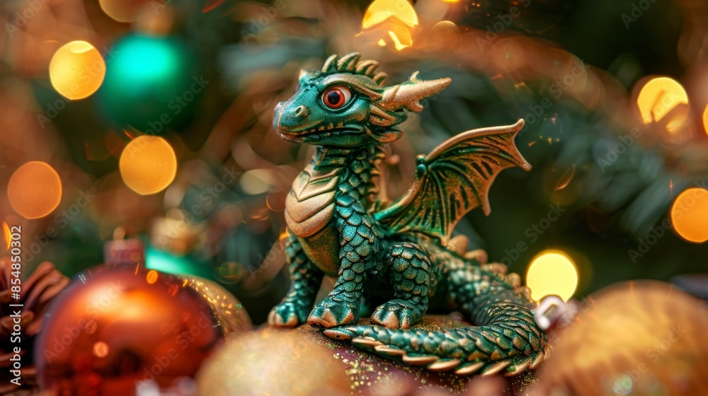 Fototapeta premium Cute Green Dragon Christmas Ornament with Festive Lights, Generative AI