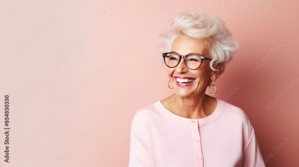 Elderly woman with short white hair smiling brightly, wearing a light pink sweater, against a soft pink background, horizontal, photo, copy space Elderly woman with short white hair smiling brightly, wearing a light pink sweater, against a soft pink background, horizontal, photo, copy space