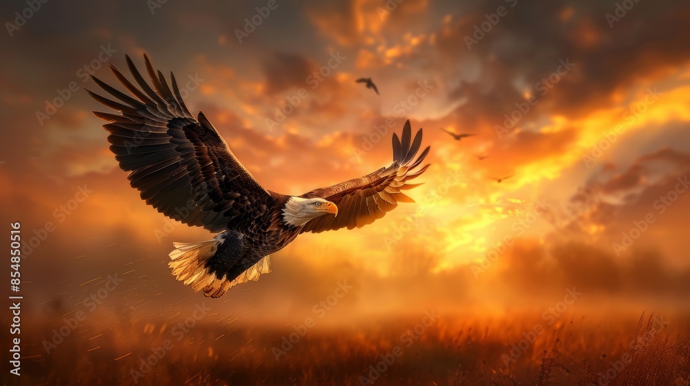 Obraz premium A majestic bald eagle soars against a vibrant sunset sky with clouds ablaze, symbolizing freedom and strength in the wild.