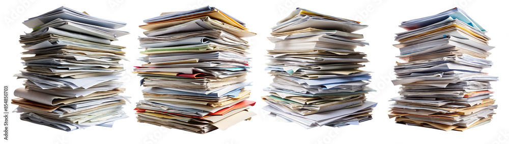 A large stack of cluttered folders on a white background. A lot of documents. A large stack of cluttered folders on a white background. A lot of documents.