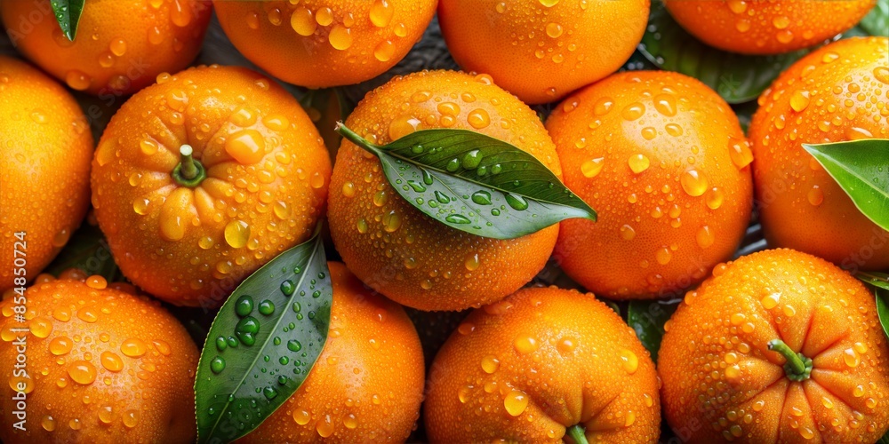 Fresh Oranges with Droplets of Water and Leafs, Top-View Background Fresh Oranges with Droplets of Water and Leafs, Top-View Background