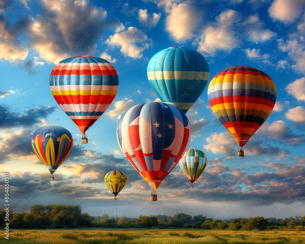 Naklejka premium Colorful hot air balloons floating in the sky during a vibrant and beautiful sunrise, with scenic landscape below.