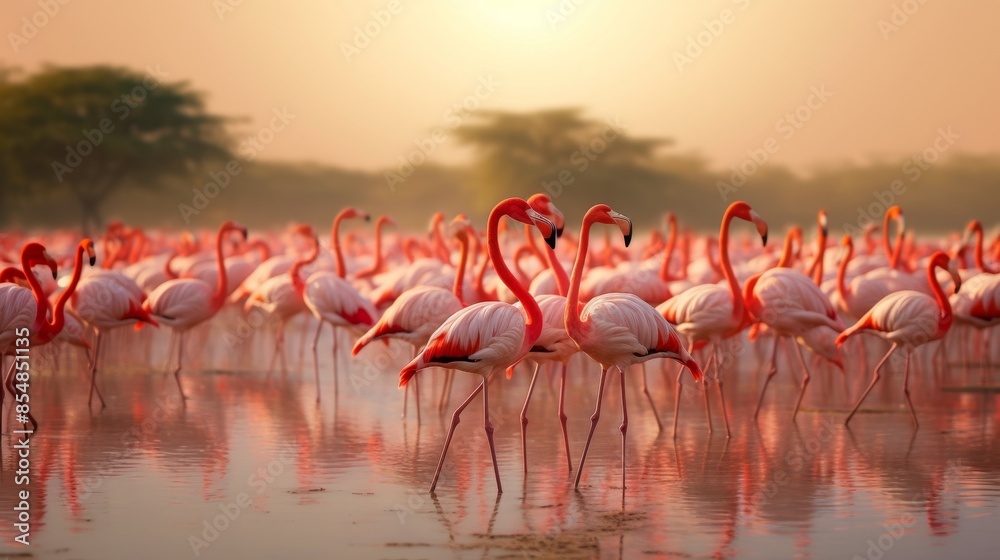 Obraz premium Group of flamingos standing in shallow water at sunset, their pink feathers reflecting in the calm water, with a blurred natural background, photo, horizontal, copy space
