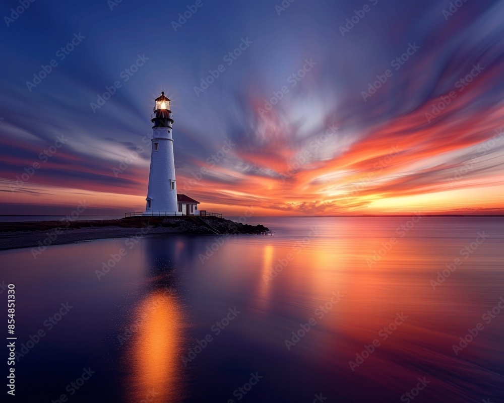 Stunning lighthouse at sunset with dramatic clouds and calm ocean, vivid colors reflecting in the water, creating a tranquil and picturesque scene. Stunning lighthouse at sunset with dramatic clouds and calm ocean, vivid colors reflecting in the water, creating a tranquil and picturesque scene.