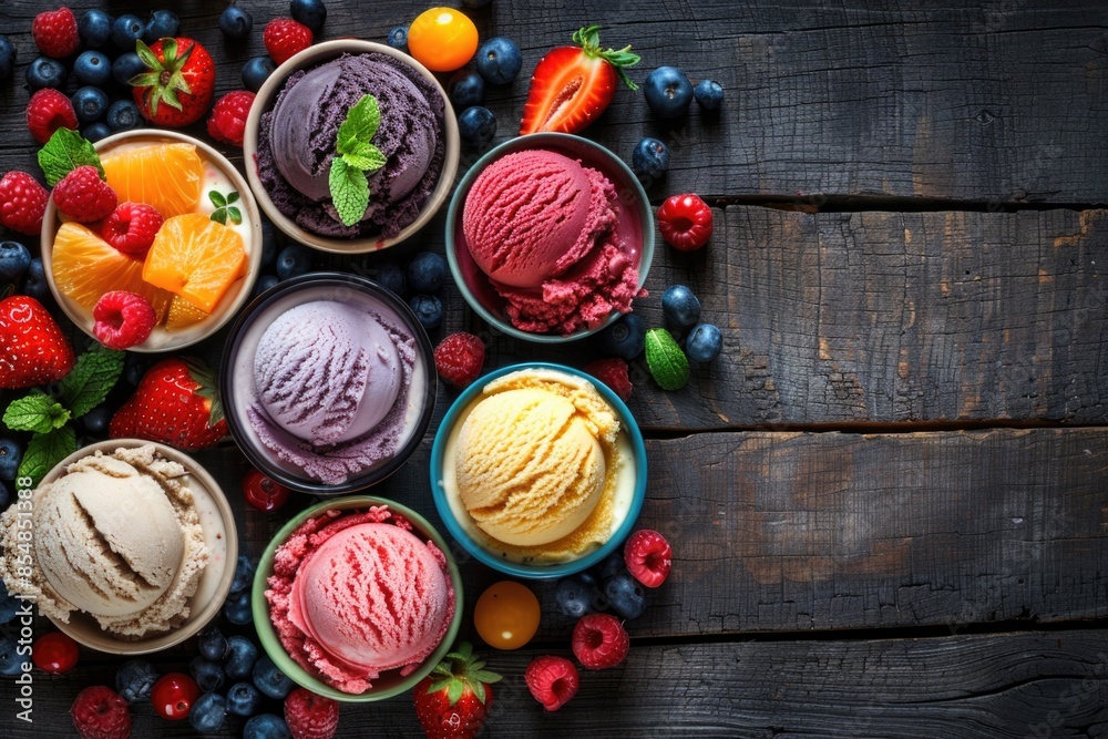 Colorful ice cream bowls on a wooden table, ideal for parties or events Colorful ice cream bowls on a wooden table, ideal for parties or events