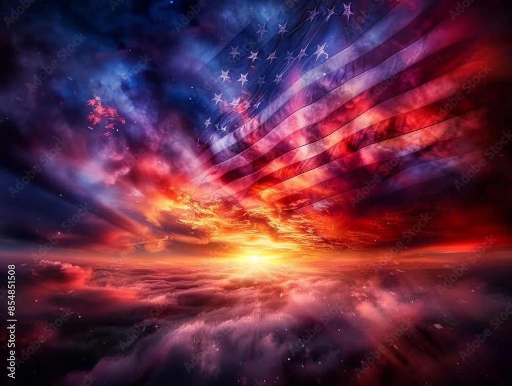 Vivid sunrise with an American flag overlay in a dramatic, colorful sky representing patriotism and freedom. Vivid sunrise with an American flag overlay in a dramatic, colorful sky representing patriotism and freedom.
