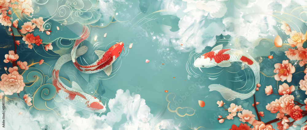 Japanese Art - Koi Fish and Flowers in Serene Water Japanese Art - Koi Fish and Flowers in Serene Water