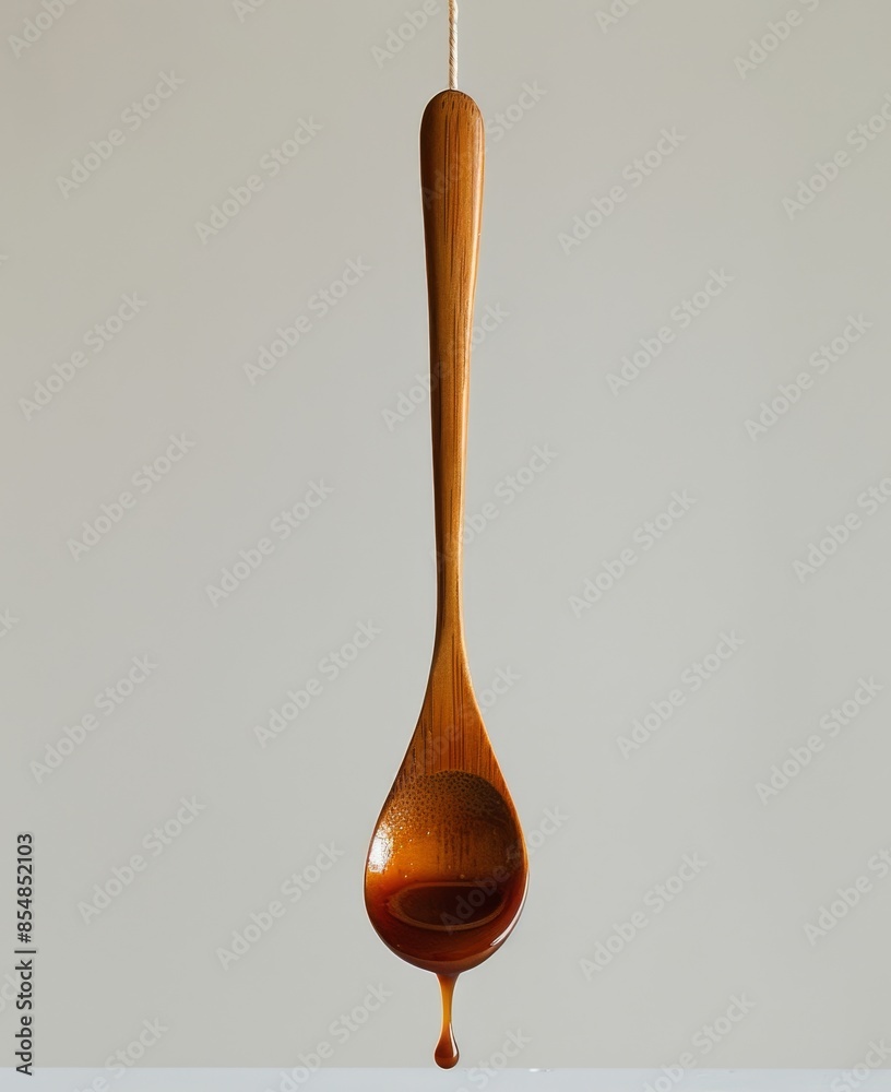 Wooden spoon dripping with syrup hanging upside down against plain background Wooden spoon dripping with syrup hanging upside down against plain background