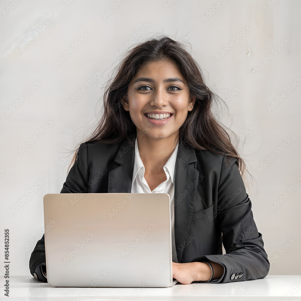Young Indian woman happy working with laptop, achieving success in business. Girl work in suit in office Young Indian woman happy working with laptop, achieving success in business. Girl work in suit in office